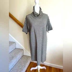Eileen Fisher merino wool, gray/cream stripes, turtle neck, shirt sleeve tunic.